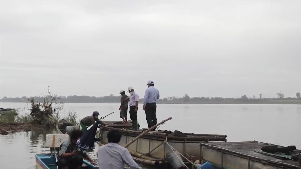 Phó Chủ tịch UBND tỉnh kiểm tra mô hình nuôi cá chình và trắm cỏ trong lồng bè dọc ven sông Trà Khúc đoạn qua xã Tịnh Sơn